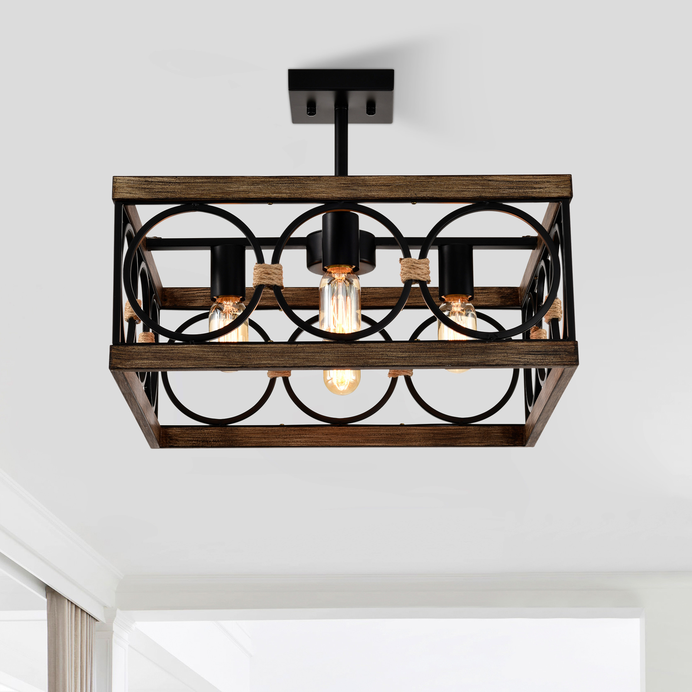 GDF Studio 4-Light Square Ceiling Light, Farmhouse Kitchen Island Fixture, Matte Black