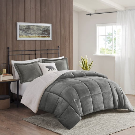 GDF Studio 4-Piece King Plush to Sherpa Down Alternative Comforter Set, Charcoal+Ivory