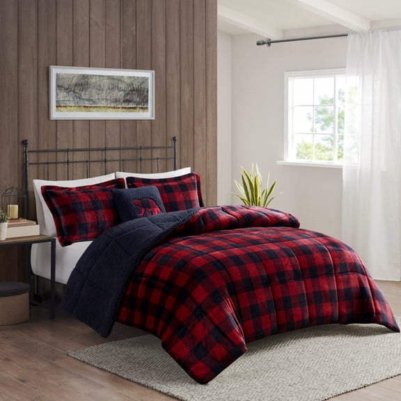 GDF Studio 4-Piece King Plush to Sherpa Down Alternative Comforter Set, Red Plaid