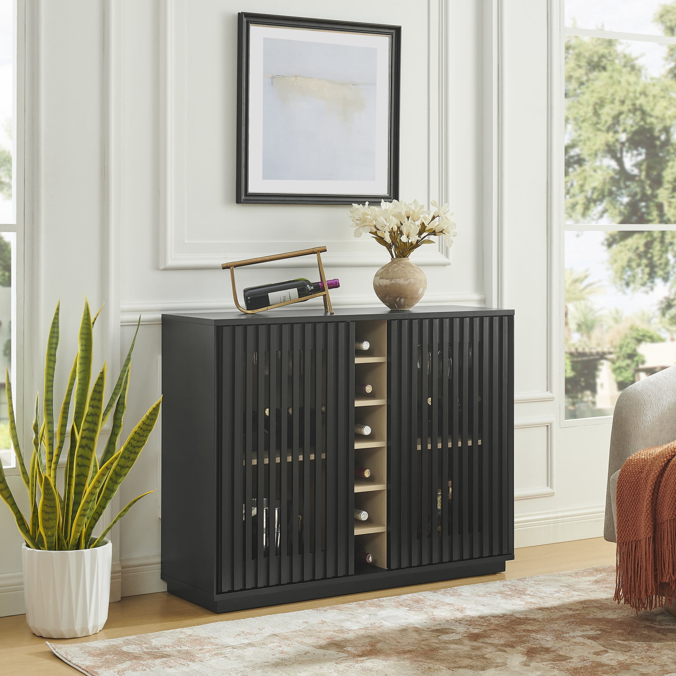 GDF Studio 43.1" Mid Century Modern Fluted Liquor Cabinet with Wine Rack & Glass Holder, Black