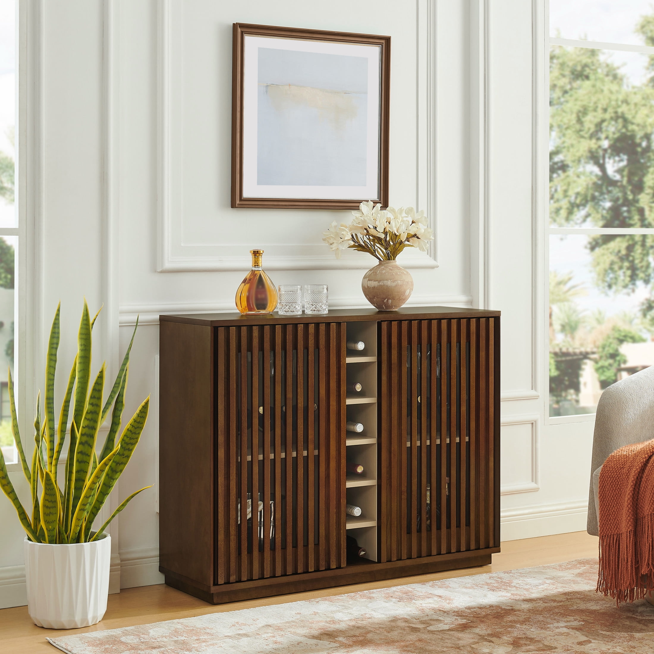 GDF Studio 43.1" Mid Century Modern Fluted Liquor Cabinet with Wine Rack & Glass Holder, Walnut