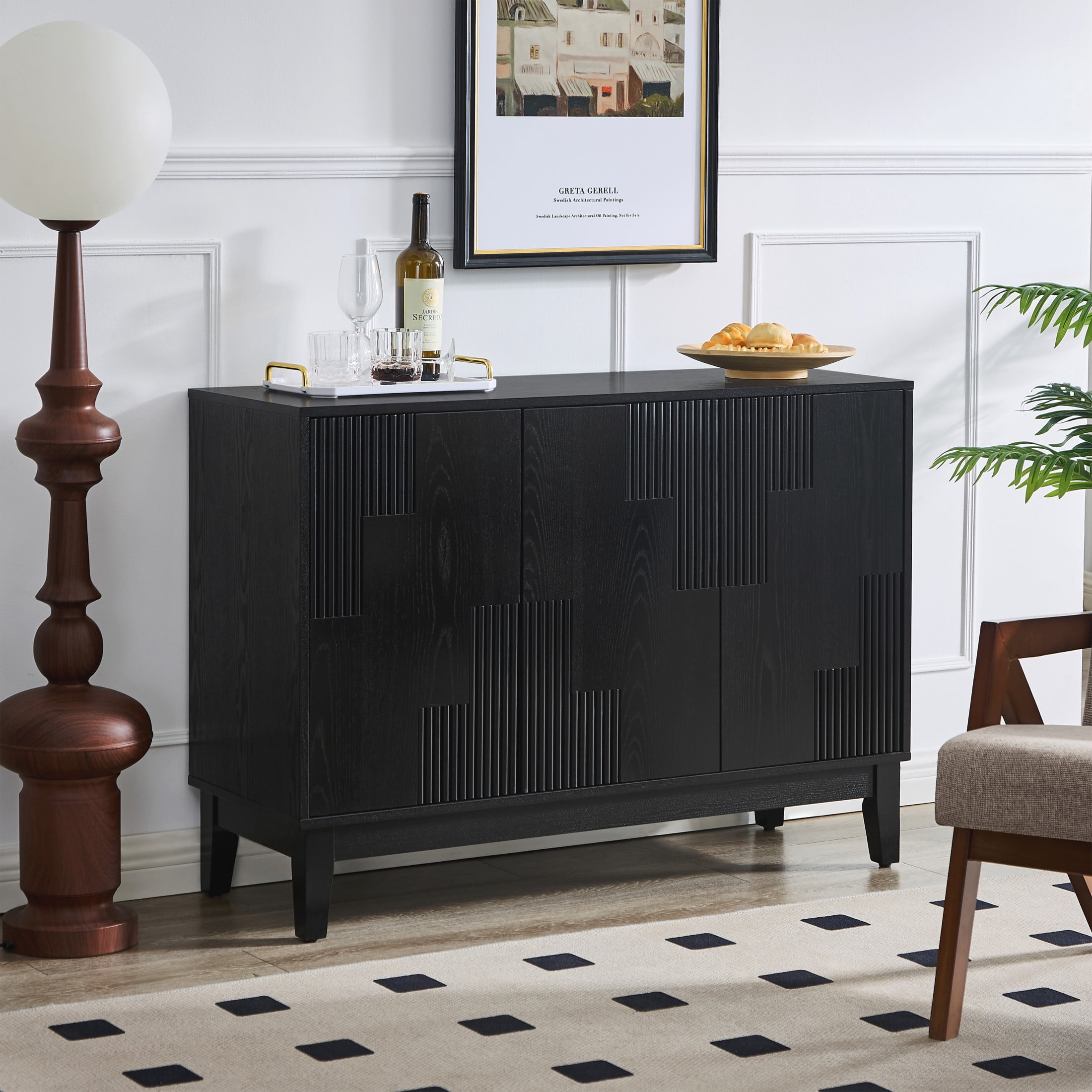 GDF Studio 44.3" Mid Century Modern Sideboard Buffet Cabinet with Storage, 3 Doors, Adjustable Shelves, Black