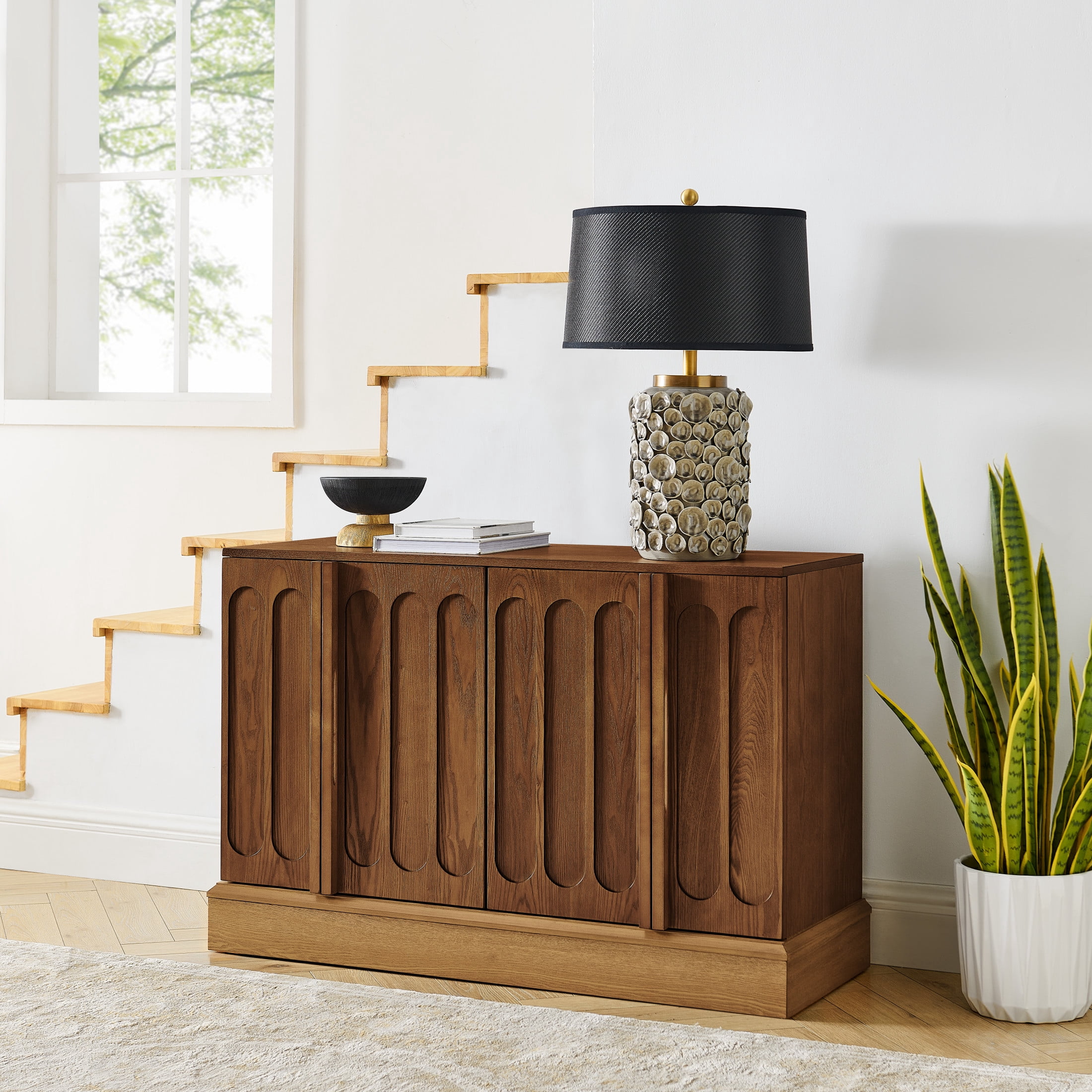 GDF Studio 44.8" Mid Century Modern Fluted Sideboard Cabinet with Adjustable Shelves, Walnut+Natural