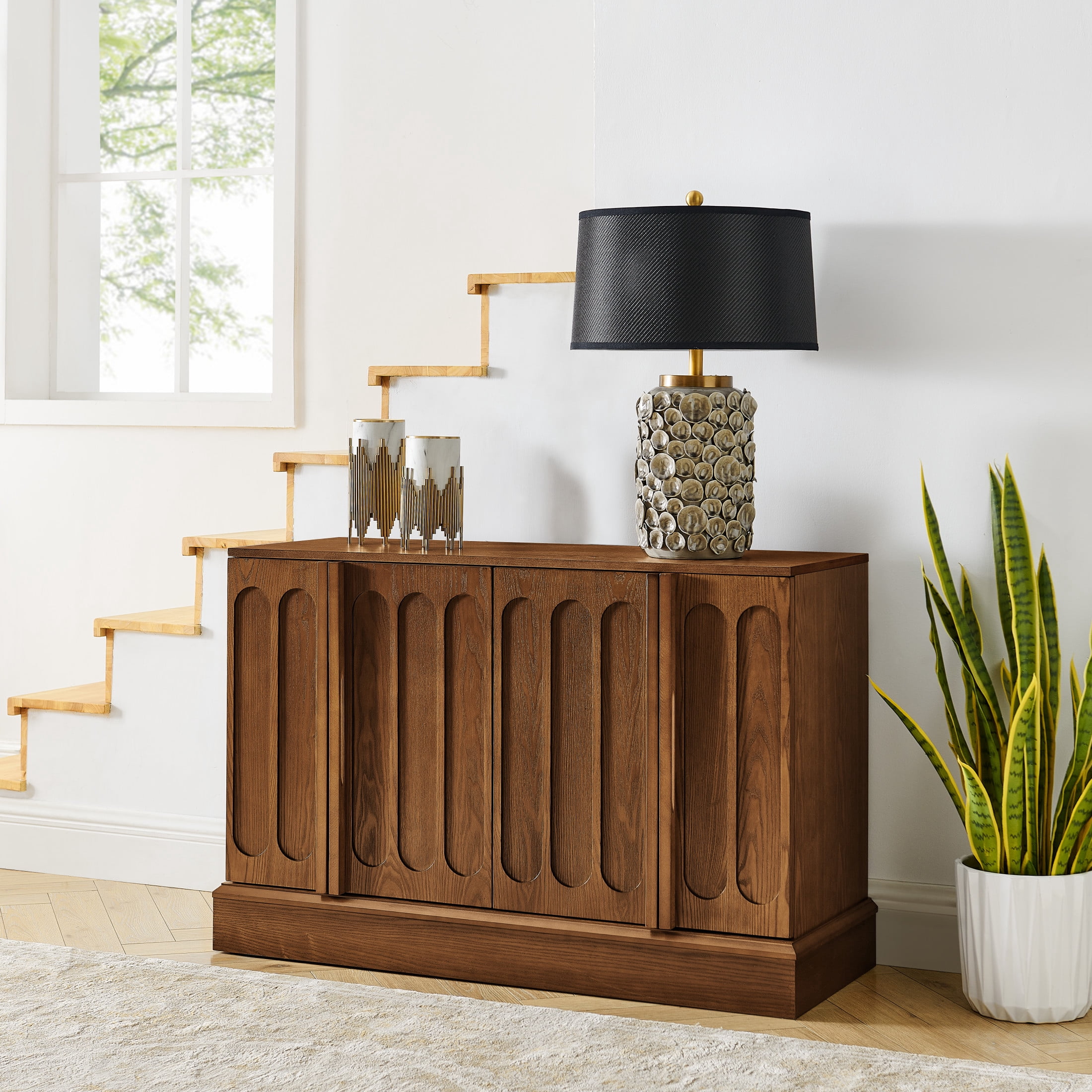 GDF Studio 44.8" Mid Century Modern Fluted Sideboard Cabinet with Adjustable Shelves, Walnut