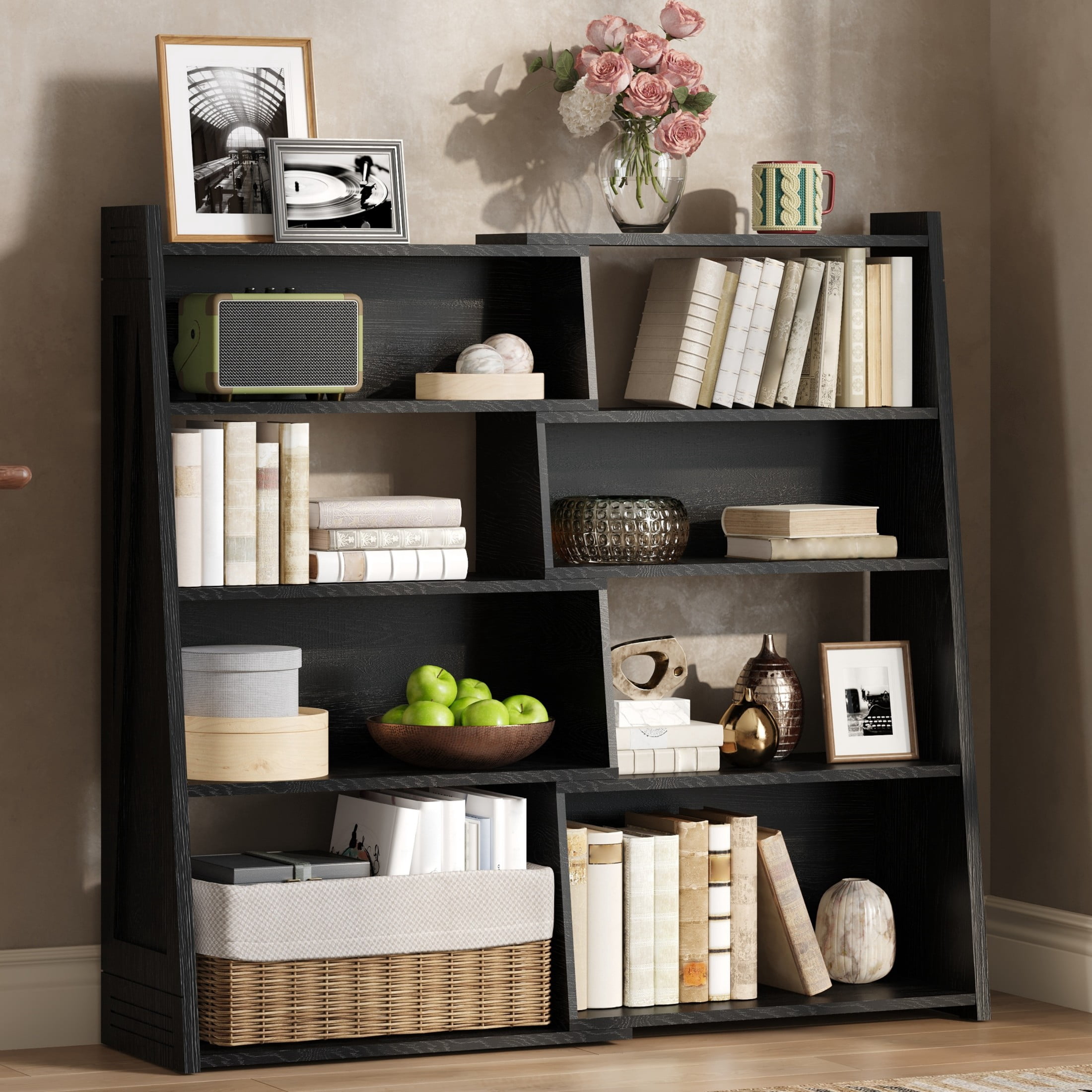 GDF Studio 47.17" Expandable 4-Tier L-Shaped Bookshelf, Adjustable 2-Piece Storage Rack, Black