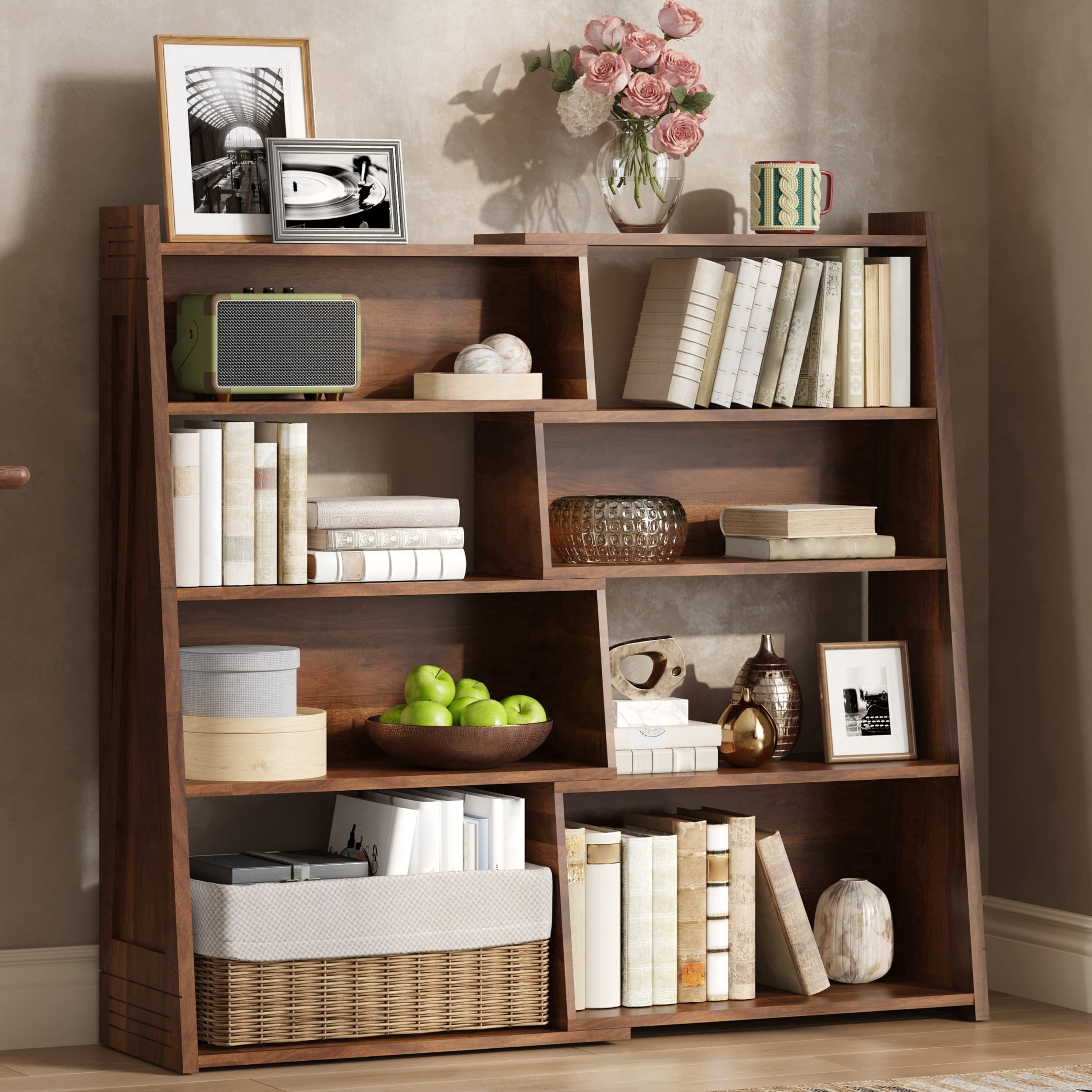GDF Studio 47.17" Expandable 4-Tier L-Shaped Bookshelf, Adjustable 2-Piece Storage Rack, Brown