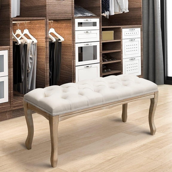 GDF Studio 47.2" French Country Bedroom Bench, Tufted Linen End of Bed Bench with Carved Wood Legs, Beige