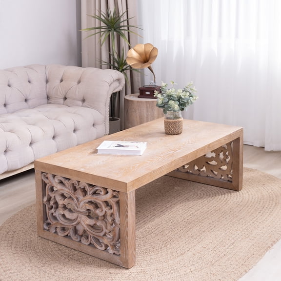 GDF Studio 47.2" Rustic Carved Coffee Table, Rectangular Living Room Table with Side Panels, Natural