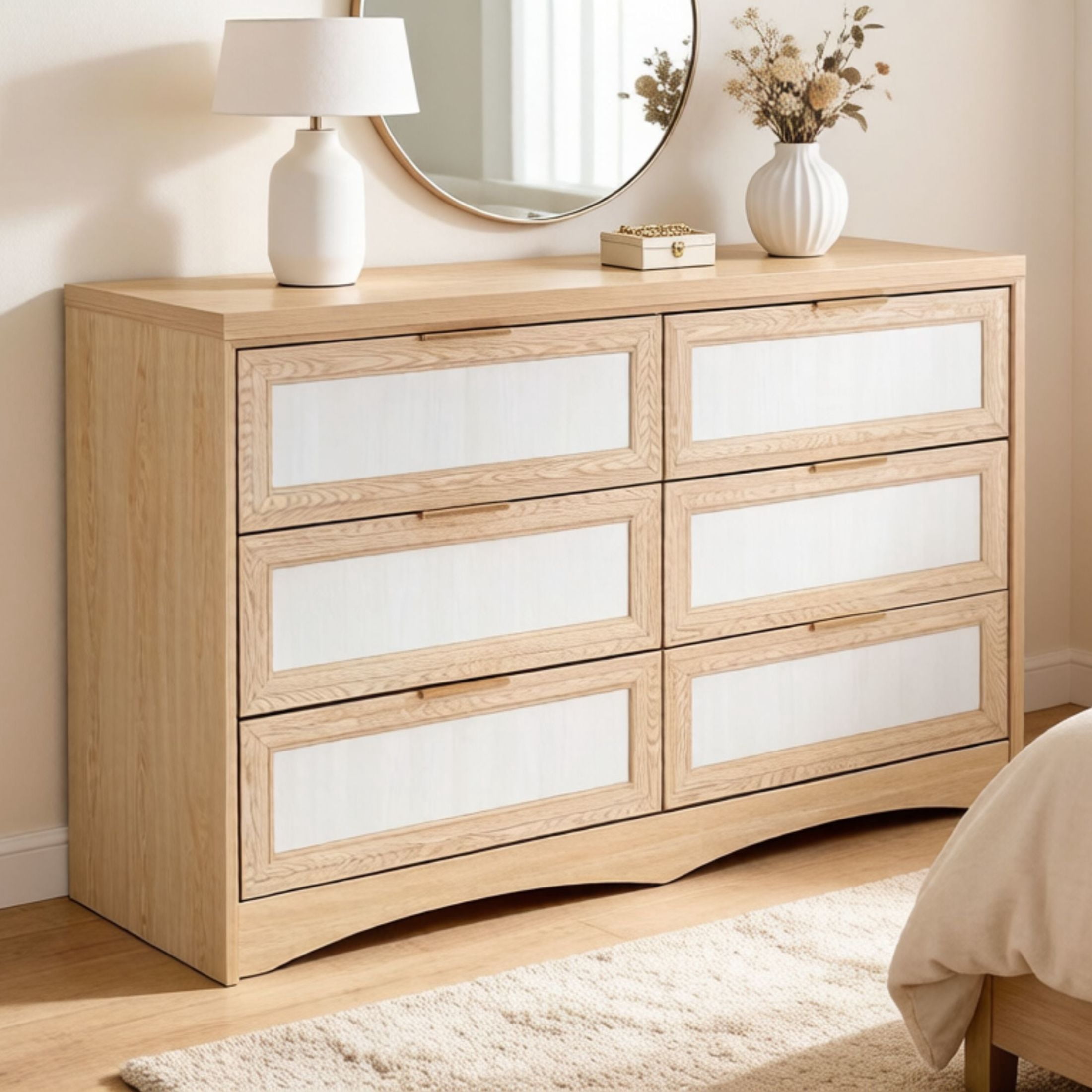 GDF Studio 47.24" Farmhouse Dresser with 6 Drawers, Wide Storage Cabinet, Light Oak+White
