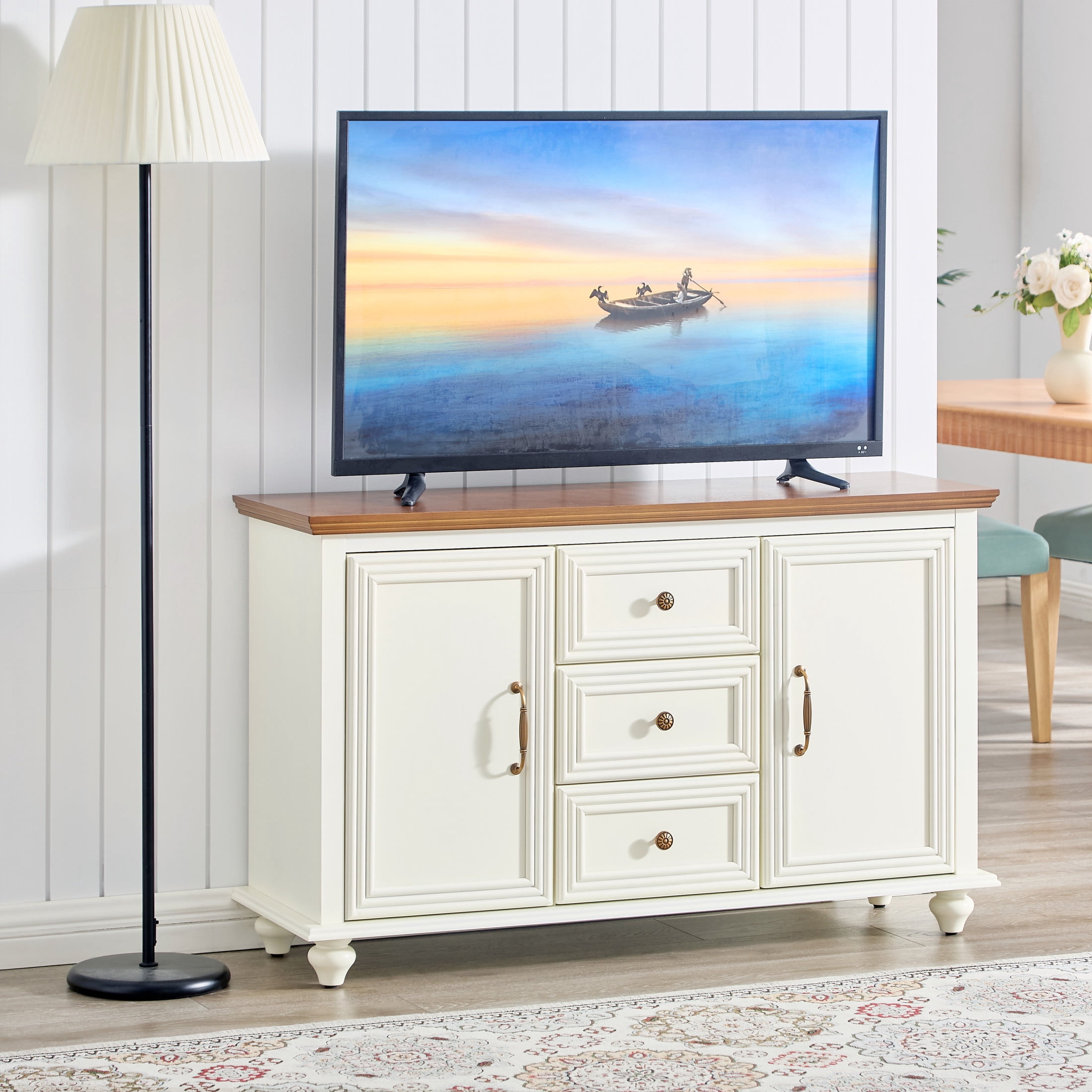 GDF Studio 47.3" Mid Century Modern Sideboard Buffet Cabinet with 2 Doors & 3 Drawers, White+Brown