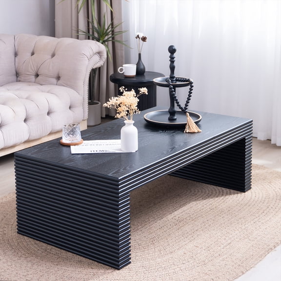 GDF Studio 47.6" Modern Ribbed Coffee Table, Rectangular Low Profile Center Table for Living Room, Black