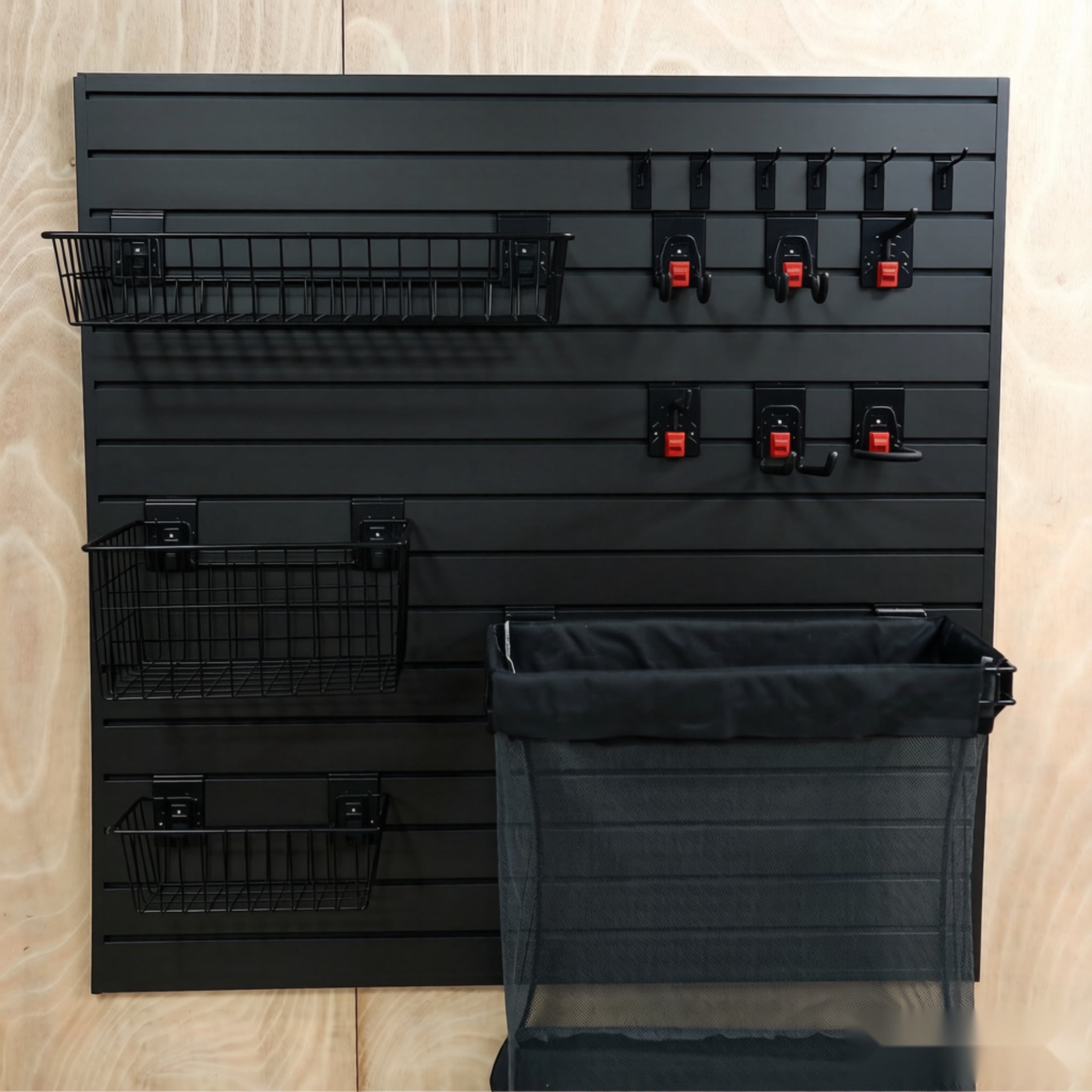GDF Studio 4x4FT PVC Slatwall Panel Kit Garage Storage System with 12 Hooks, Lightweight Water-Resistant Panels, Black