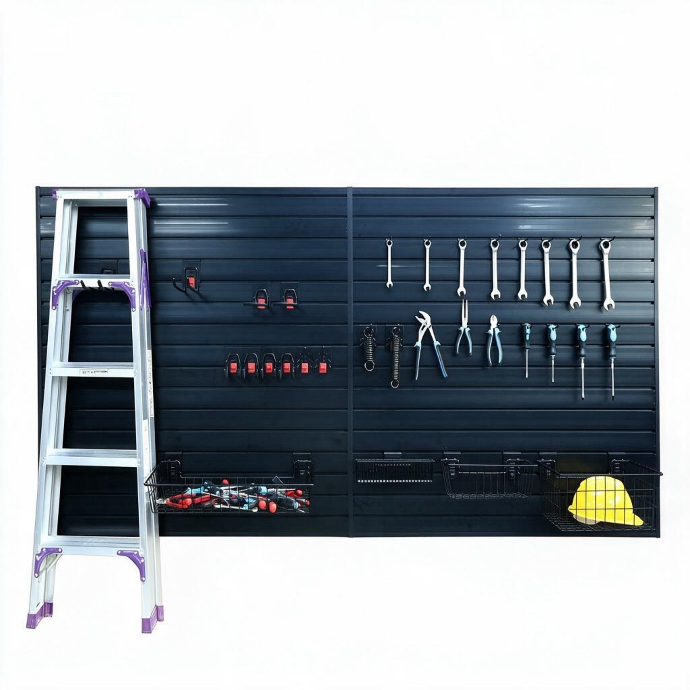 GDF Studio 4x8FT PVC Slatwall Panel Kit Garage Storage System with 24 Hooks, Lightweight Water-Resistant Panels, Black
