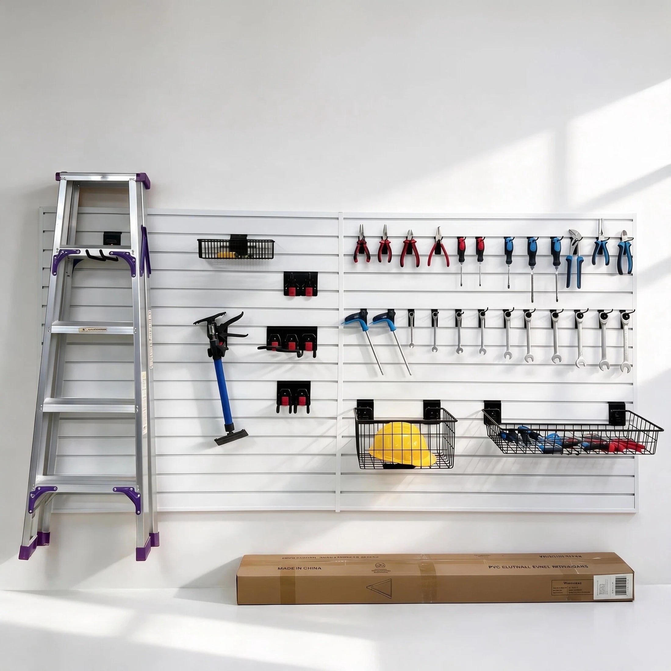 GDF Studio 4x8FT PVC Slatwall Panel Kit Garage Storage System with 24 Hooks, Lightweight Water-Resistant Panels, White