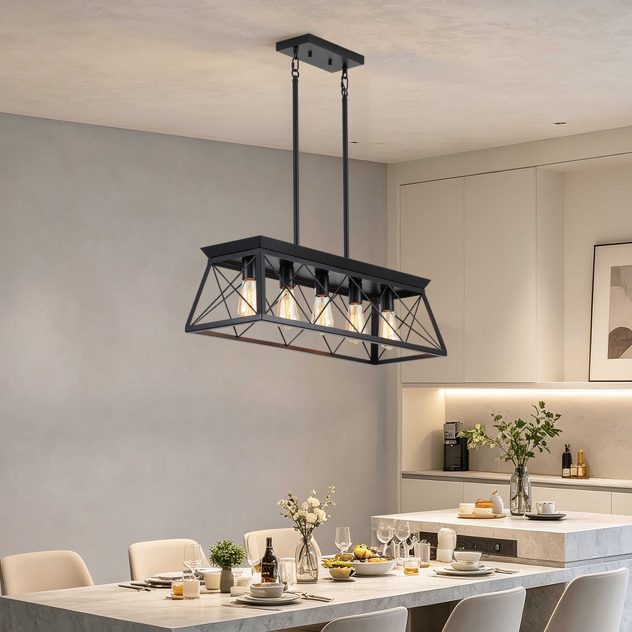 GDF Studio 5-Light E26 Farmhouse Chandelier, Rustic Kitchen Island Pendant Light with Adjustable Height, Black