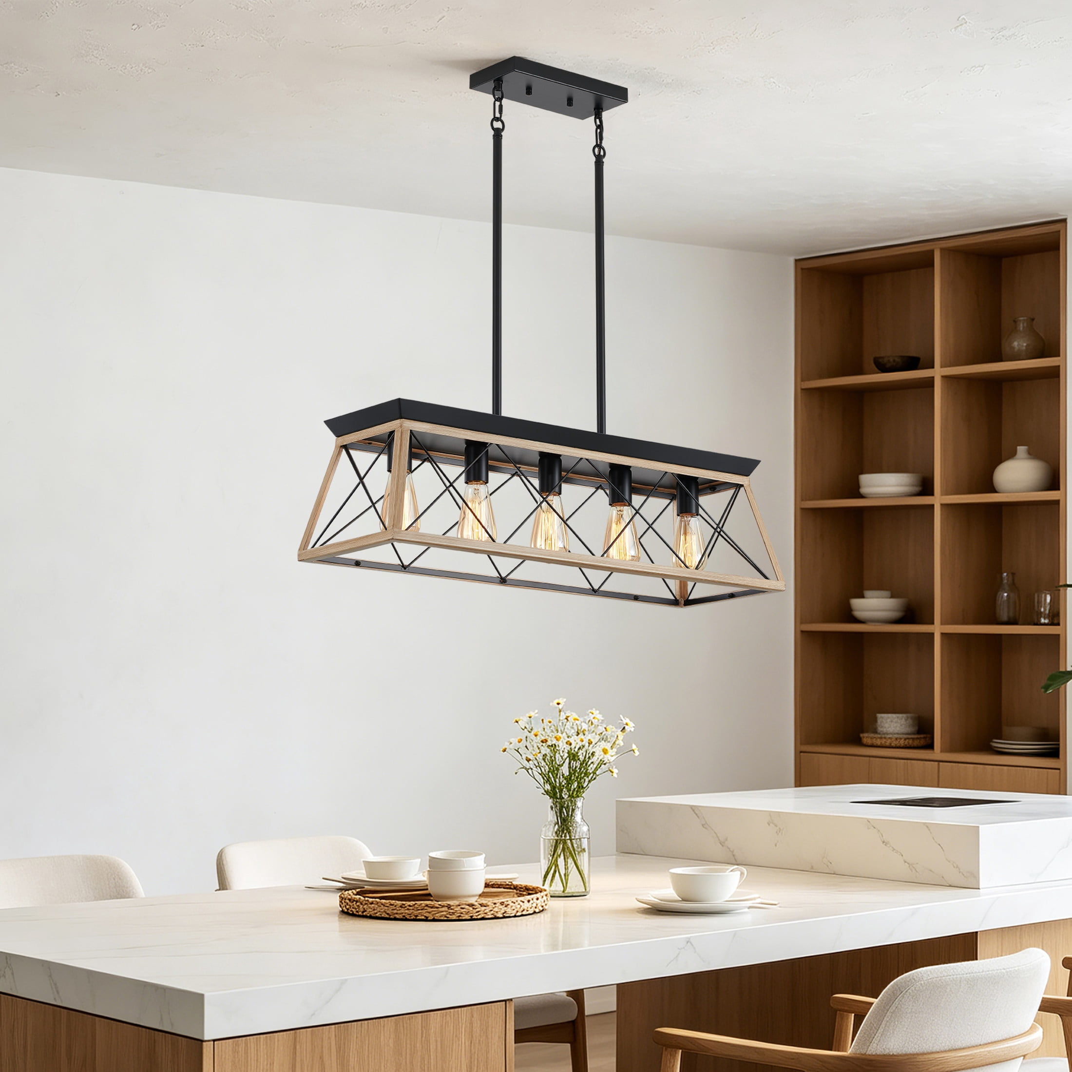 GDF Studio 5-Light E26 Farmhouse Chandelier, Rustic Kitchen Island Pendant Light with Adjustable Height, Natural Wood