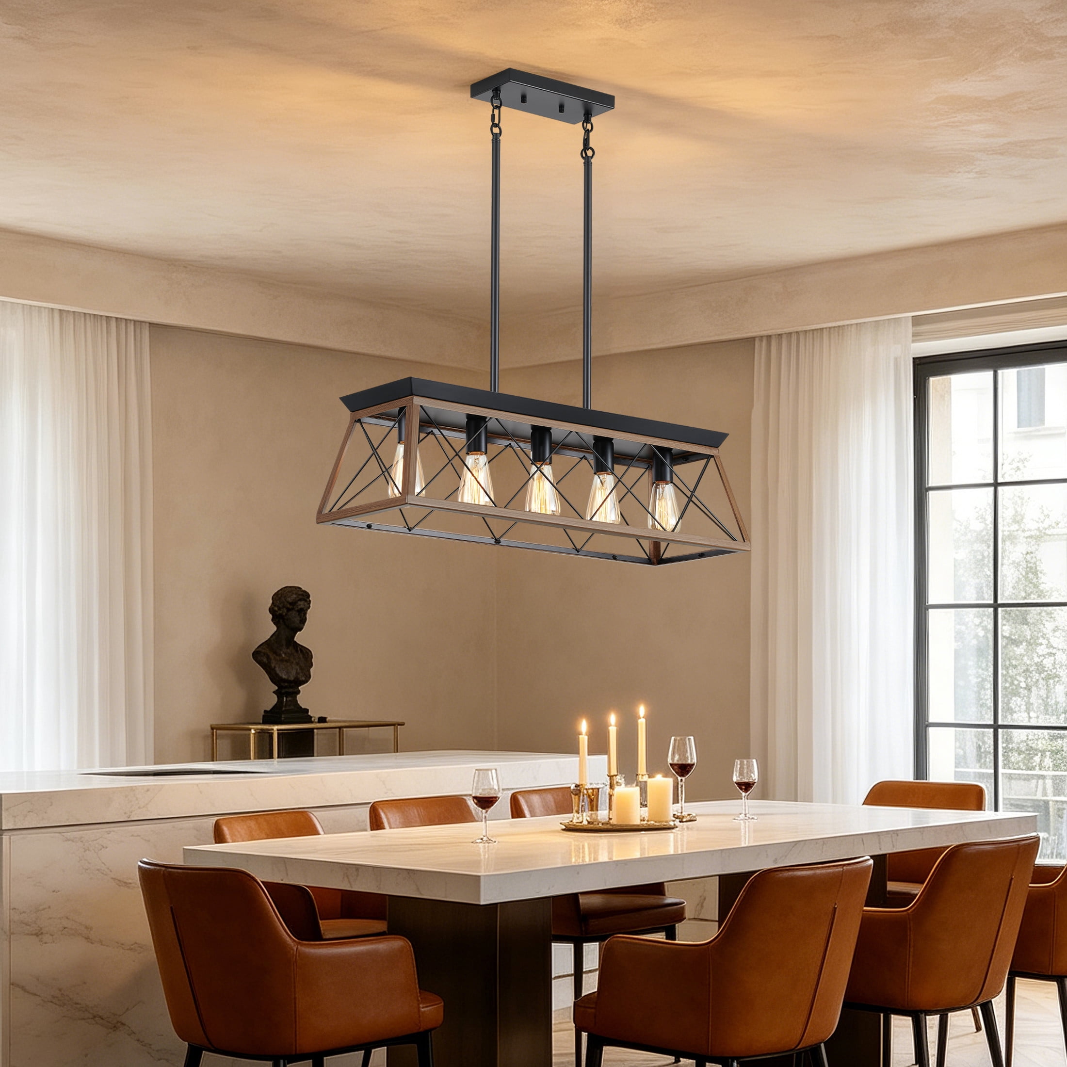 GDF Studio 5-Light E26 Farmhouse Chandelier, Rustic Kitchen Island Pendant Light with Adjustable Height, Walnut
