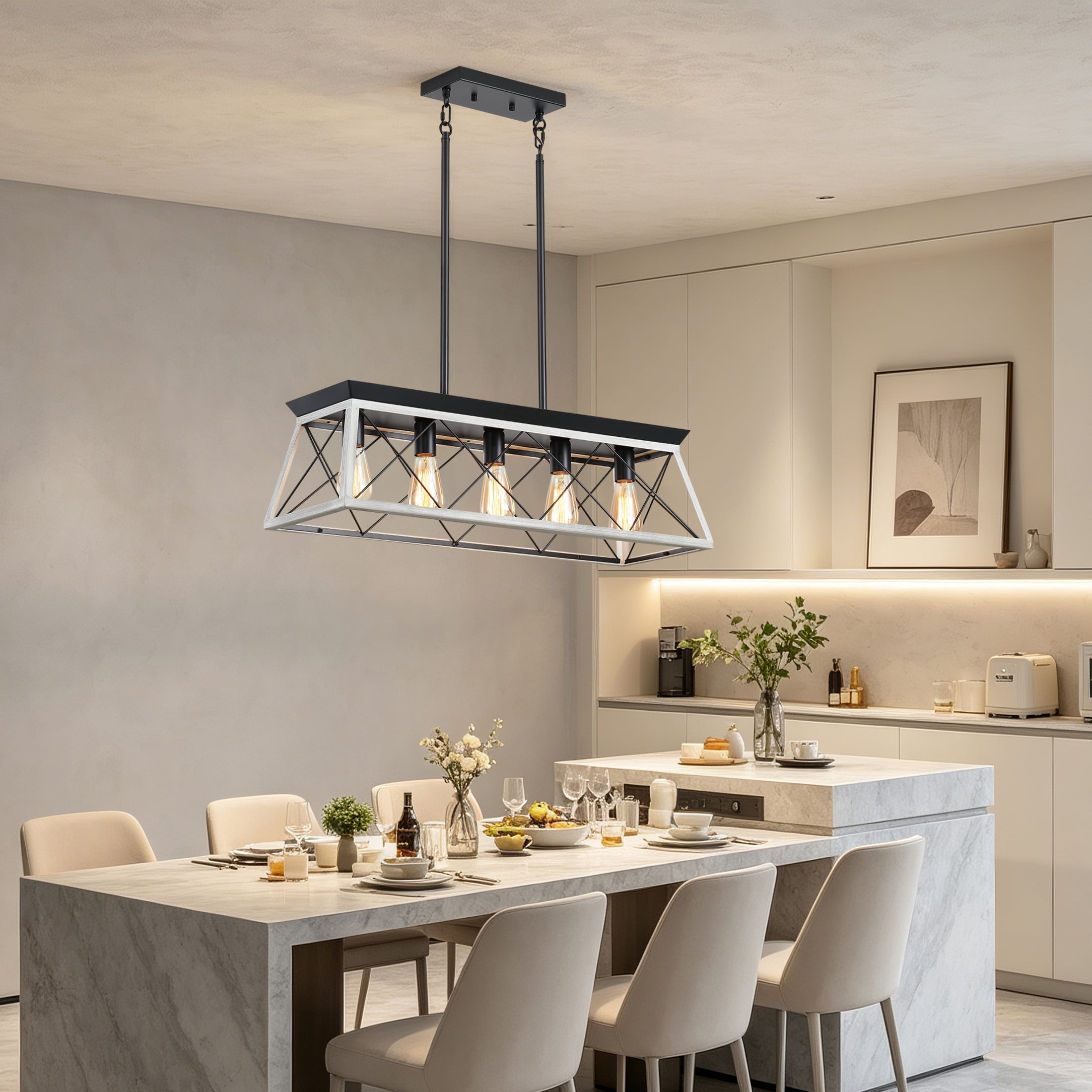 GDF Studio 5-Light E26 Farmhouse Chandelier, Rustic Kitchen Island Pendant Light with Adjustable Height, White