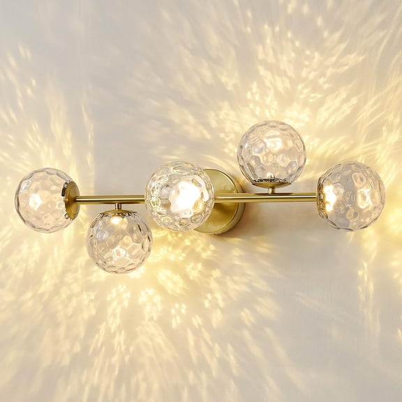 GDF Studio 5-Light LED Vanity Wall Light, 3CCT Dimmable, Clear Bubble Glass Fixture, Gold