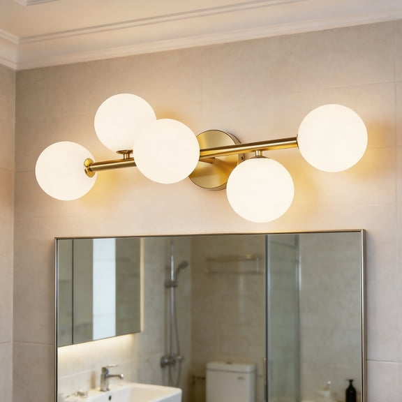 GDF Studio 5-Light LED Vanity Wall Light, 3CCT Dimmable, Milk Bubble Glass Fixture, Gold