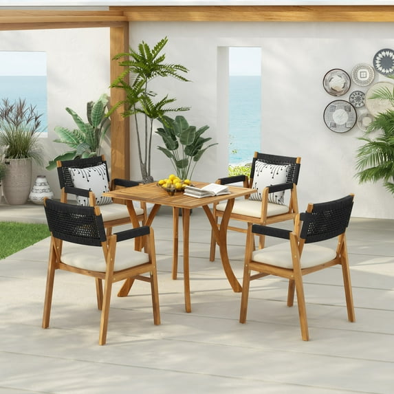 GDF Studio 5-Piece Acacia Wood Outdoor Dining Set with Black Rope-Woven Chairs and Teak-Finish Table