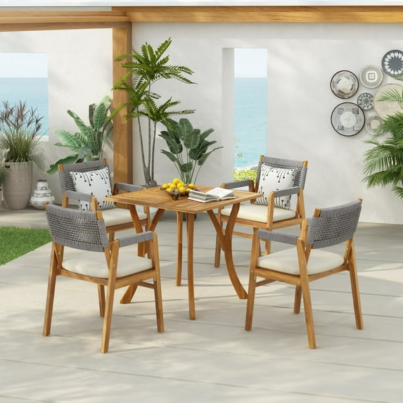 GDF Studio 5-Piece Acacia Wood Outdoor Dining Set with Grey Rope-Woven Chairs and Teak-Finish Table