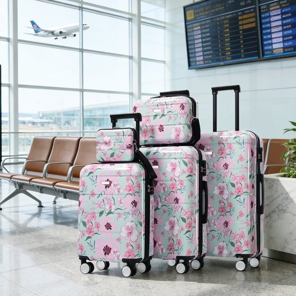GDF Studio 5-Piece Floral Hardside Luggage Set, Durable Lightweight Suitcase with Spinner Wheels, Green Pink