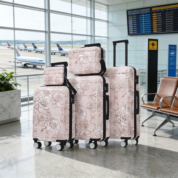 GDF Studio 5-Piece Floral Hardside Luggage Set, Durable Lightweight Suitcase with Spinner Wheels, Pink