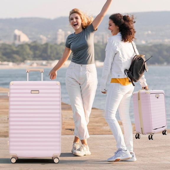 GDF Studio 5-Piece Front Opening Luggage Set, 20" Carry-On with Cup Holder & USB, 24/28" Expandable Spinners, Pink