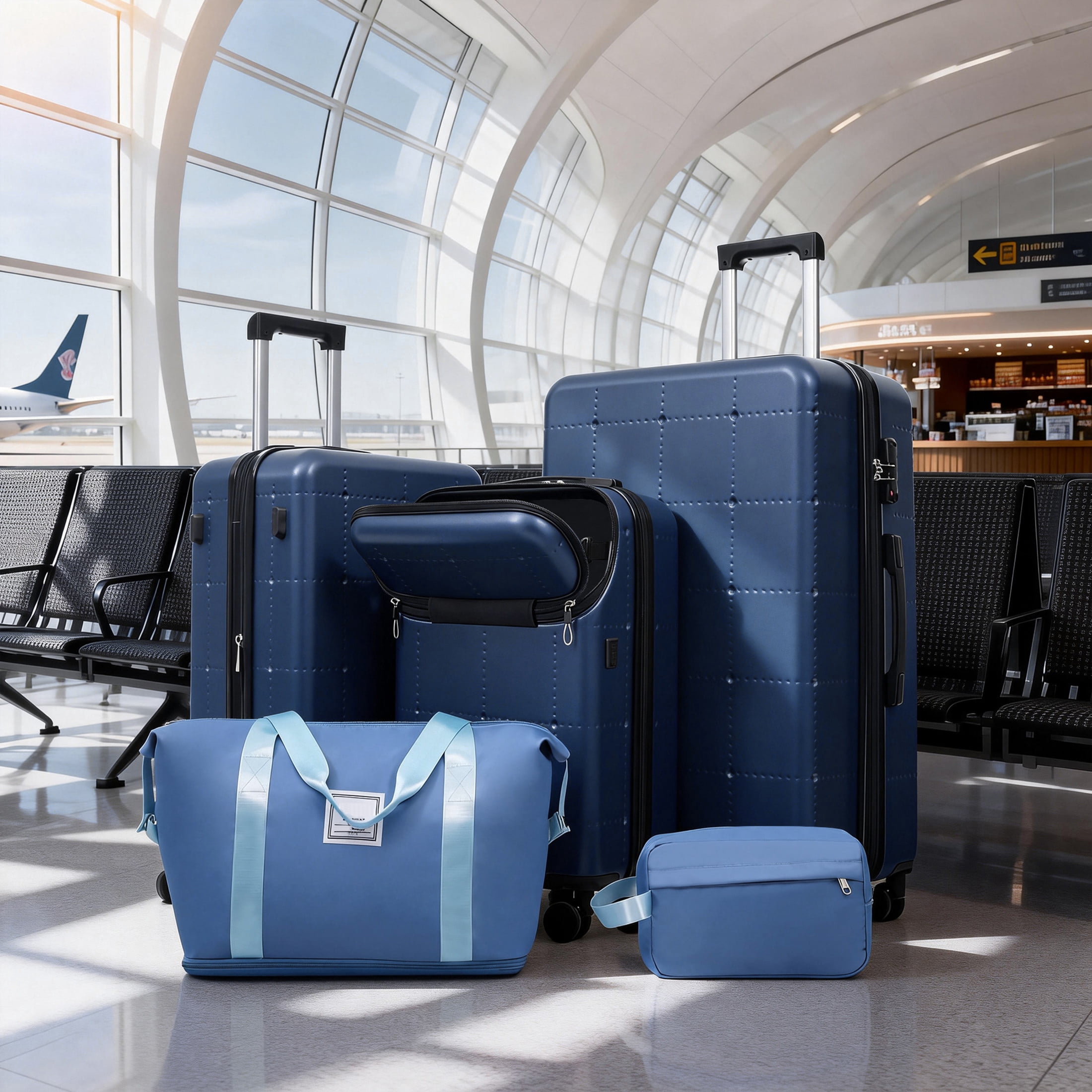 GDF Studio 5-Piece Hardside Luggage Set, Carry-On Suitcase with USB Port and Checked Bags, Spinner Wheels, Blue