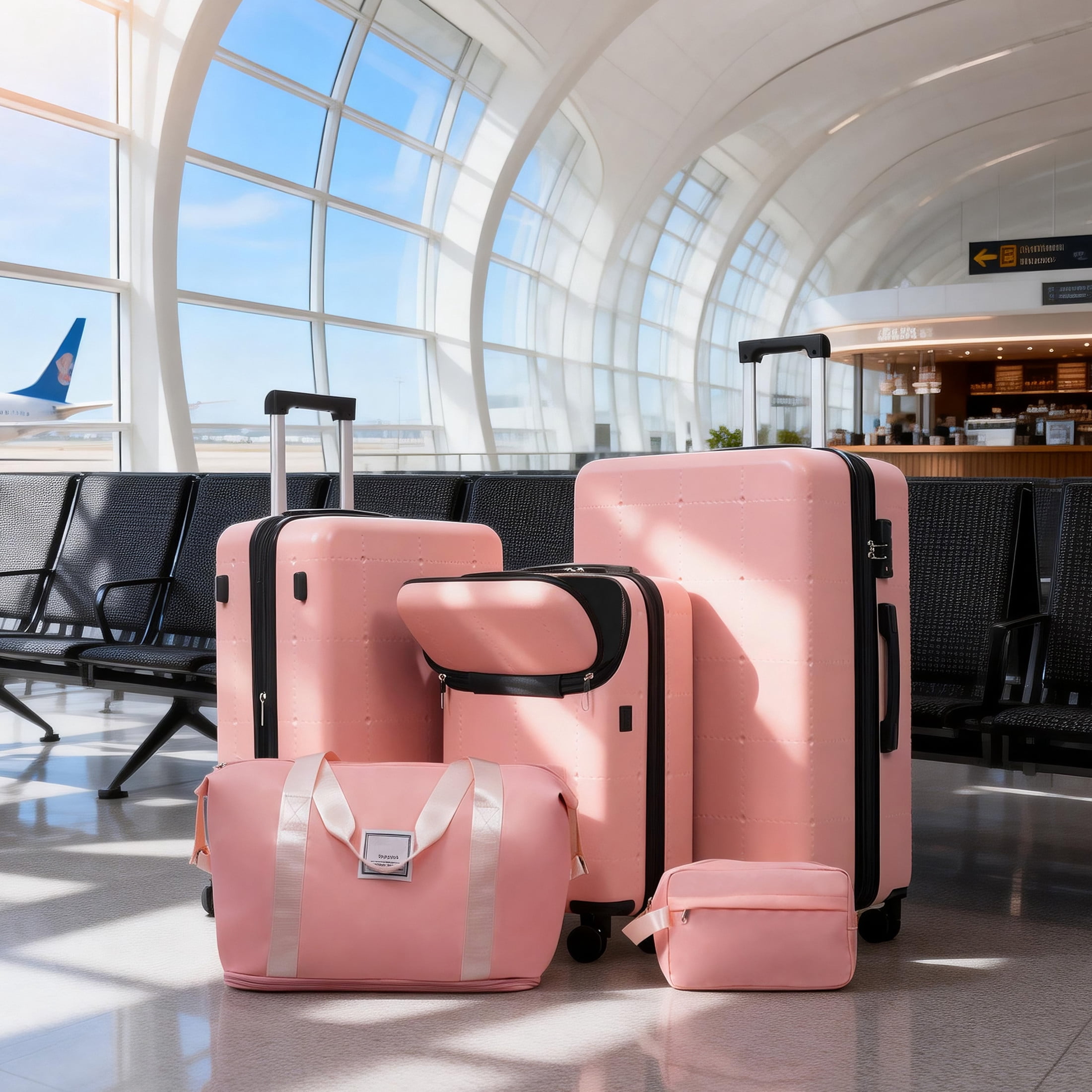 GDF Studio 5-Piece Hardside Luggage Set, Carry-On Suitcase with USB Port and Checked Bags, Spinner Wheels, Light Pink
