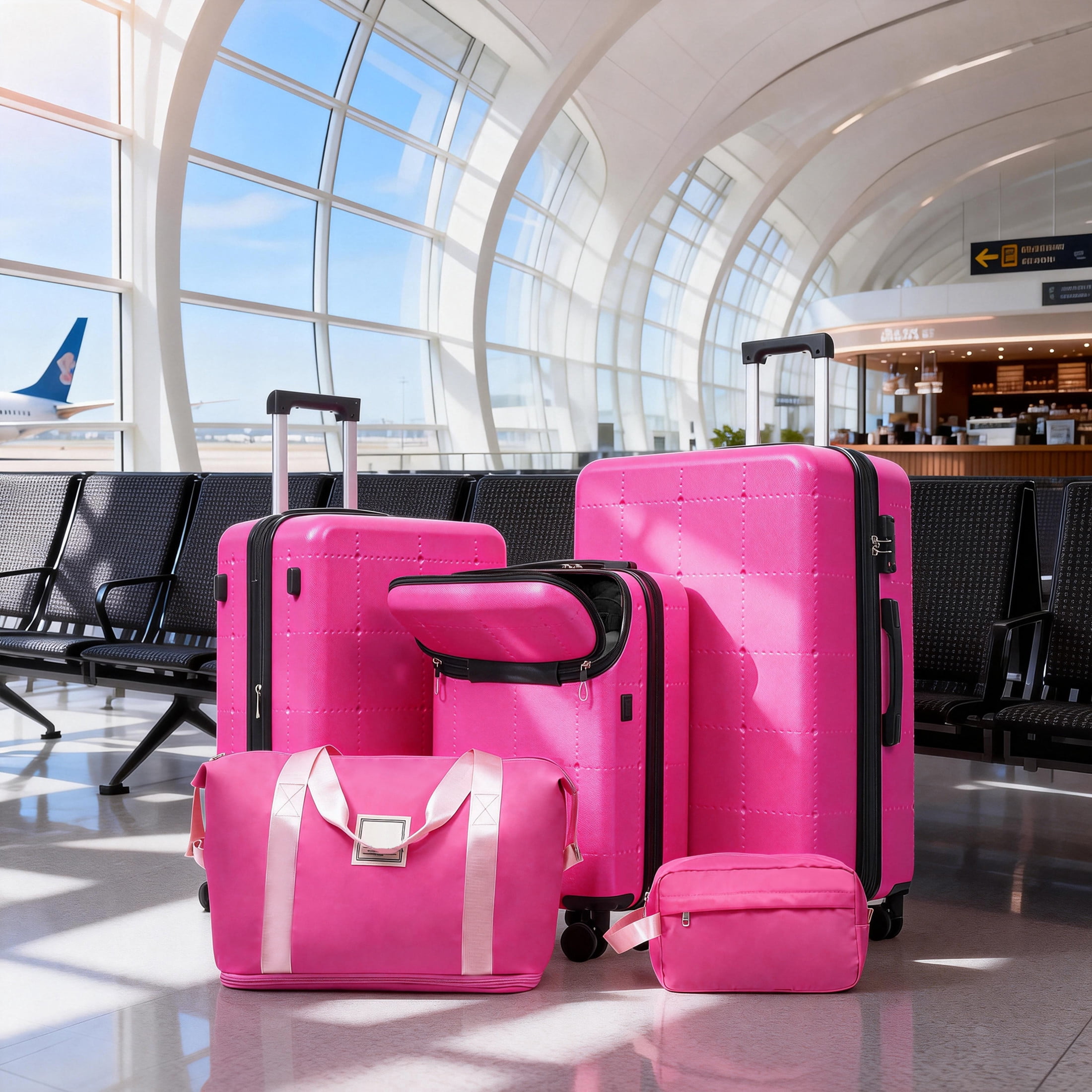 GDF Studio 5-Piece Hardside Luggage Set, Carry-On Suitcase with USB Port and Checked Bags, Spinner Wheels, Pink