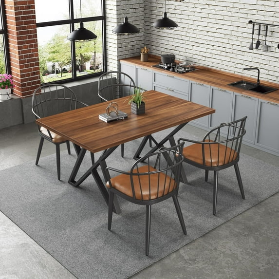 GDF Studio 5-Piece Industrial Dining Set with Rectangle Table and PU Upholstered Chairs, Brown+Walnut+Black