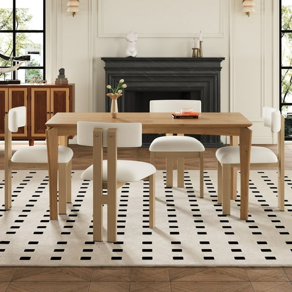 GDF Studio 5-Piece Mid-Century Modern Dining Set with Rectangular Table & Upholstered Chairs, Beige+Natural