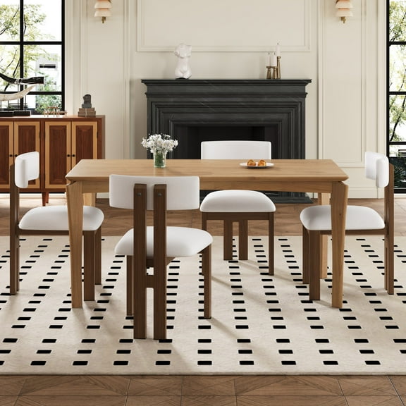 GDF Studio 5-Piece Mid-Century Modern Dining Set with Rectangular Table & Upholstered Chairs, White+Natural