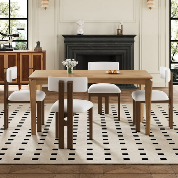 GDF Studio 5-Piece Mid-Century Modern Dining Set with Rectangular Table & Upholstered Chairs, White+Natural