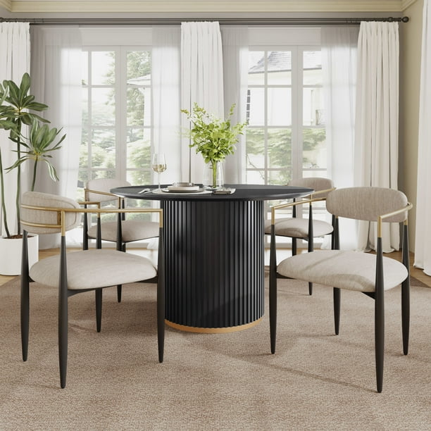 GDF Studio 5-Piece Morden Dining Set with Round Pedestal Table and Modern Gold-Trimmed Upholstered Chairs