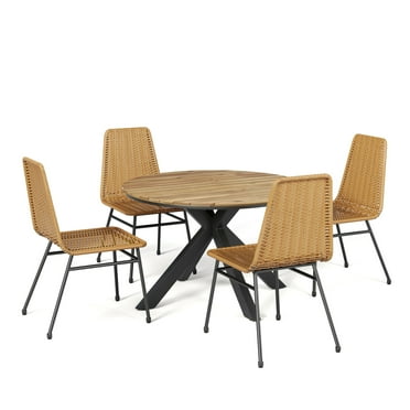 GDF Studio 5-Piece Outdoor Dining Set with 4 PE Rattan Light Brown Chairs and Acacia Wood Table