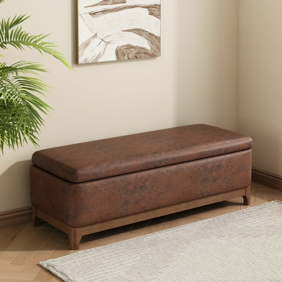 GDF Studio 50.75" Microfiber Upholstered Storage Bench, Wood Frame, Ottoman with Hidden Compartment, Brown