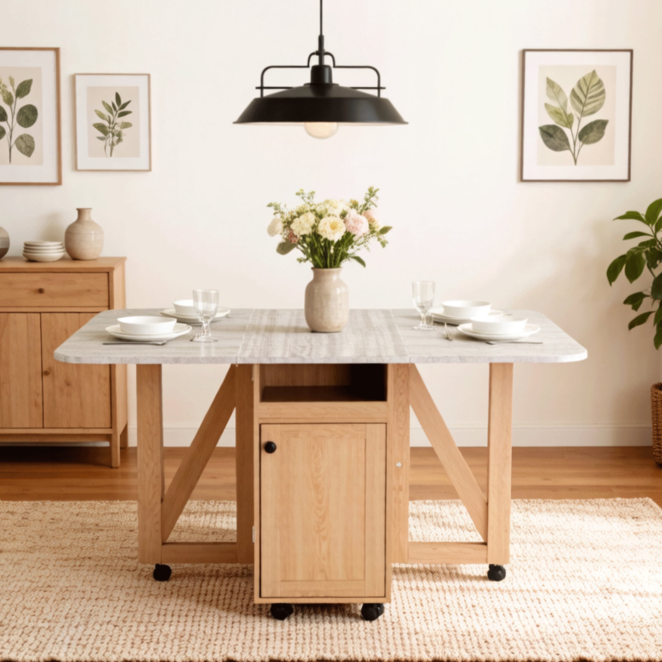 GDF Studio 50.8" Foldable Drop Leaf Dining Table with Rolling Storage Cabinet, Light Oak+Slate