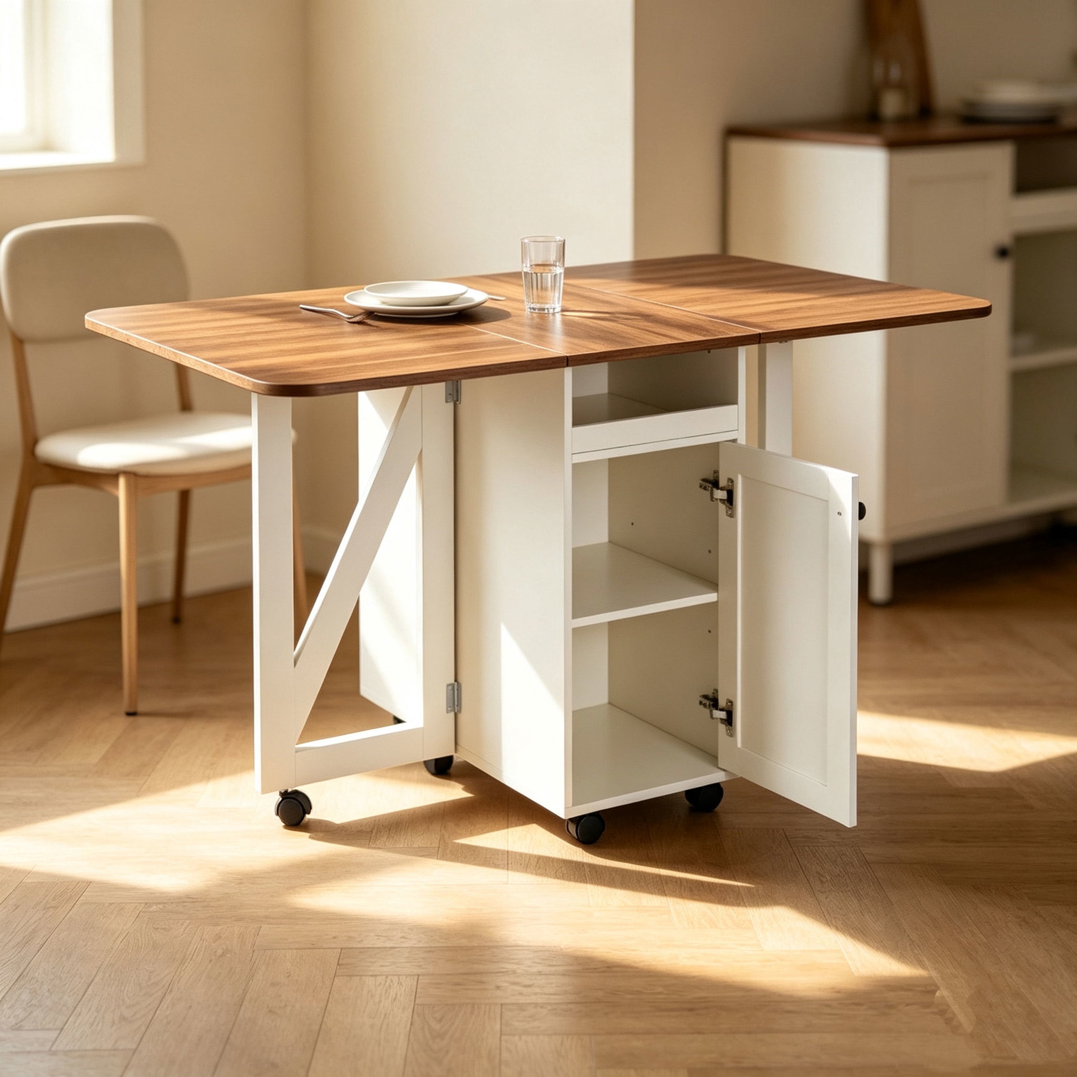GDF Studio 50.8" Foldable Drop Leaf Dining Table with Rolling Storage Cabinet, White+Walnut