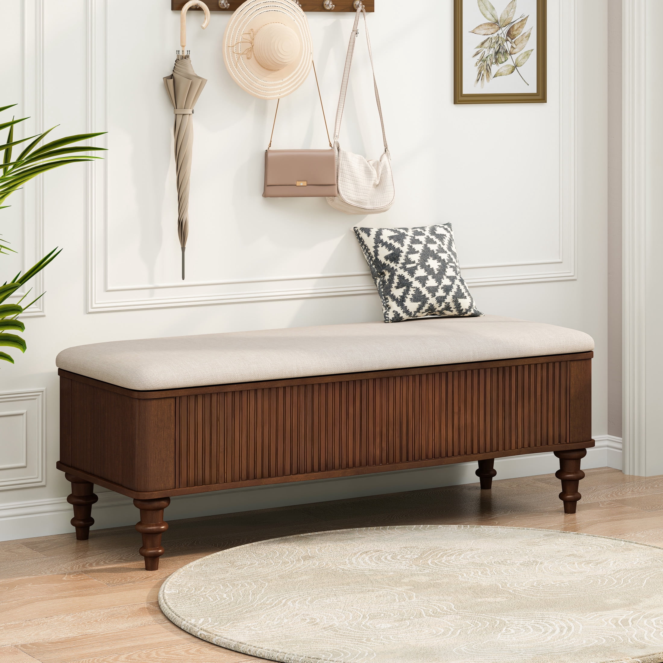 GDF Studio 50.8-Inch Storage Ottoman Bench with Beige Linen Seat, Solid Rubberwood Frame, Walnut