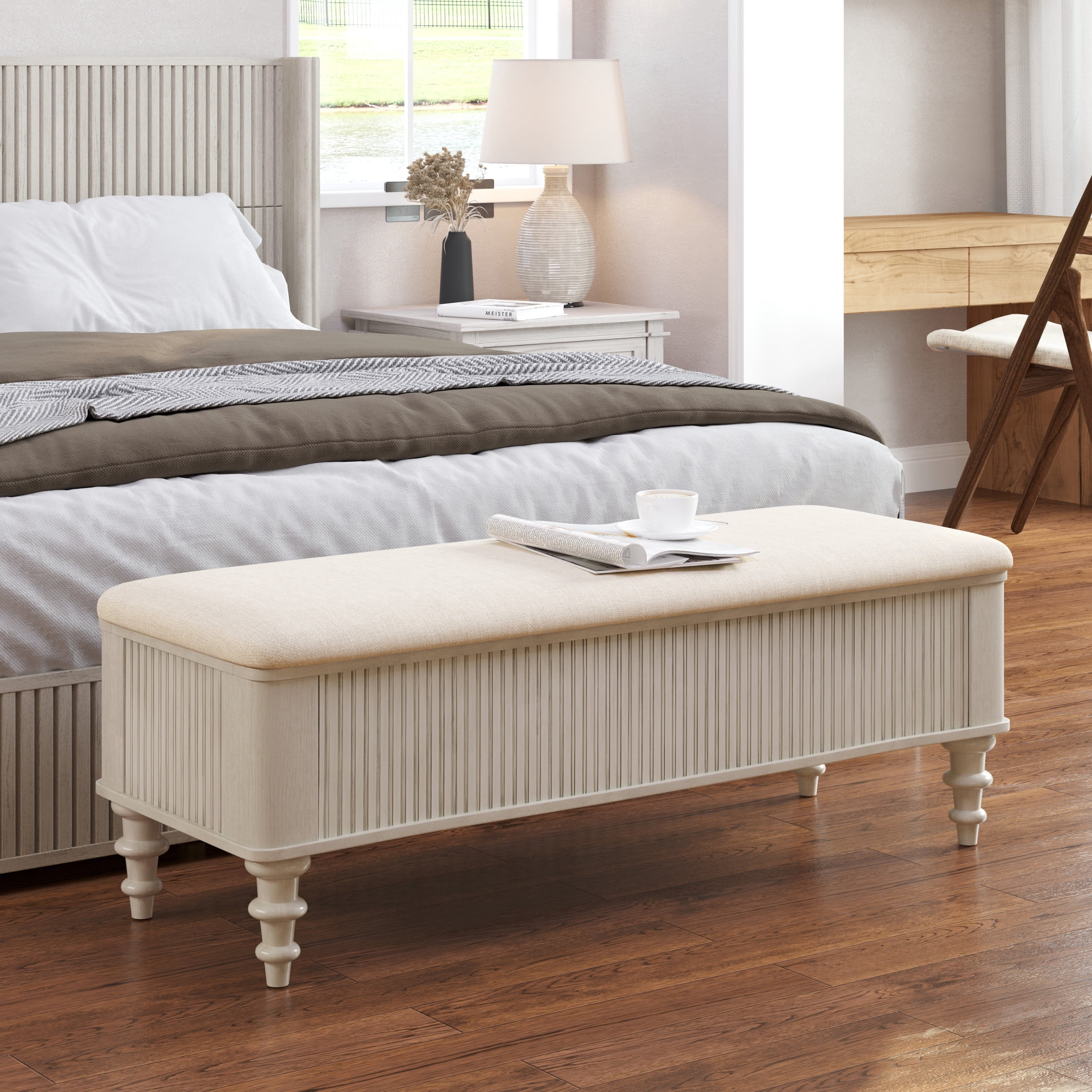 GDF Studio 50.8-Inch Storage Ottoman Bench with Linen Seat, Solid Rubberwood Frame, Beige