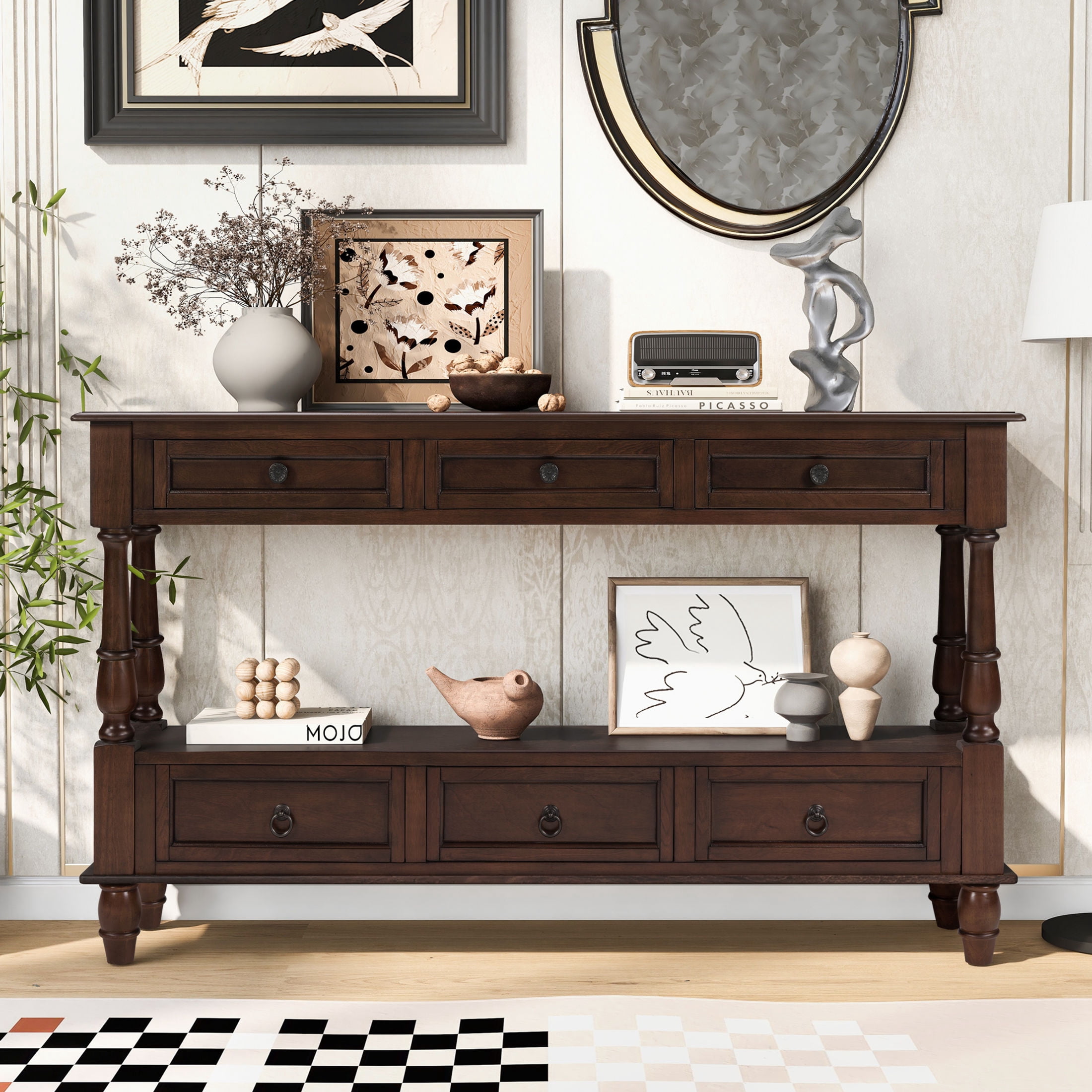 GDF Studio 51-Inch Vintage Console Table with 6 Storage Drawers & Shelf ...