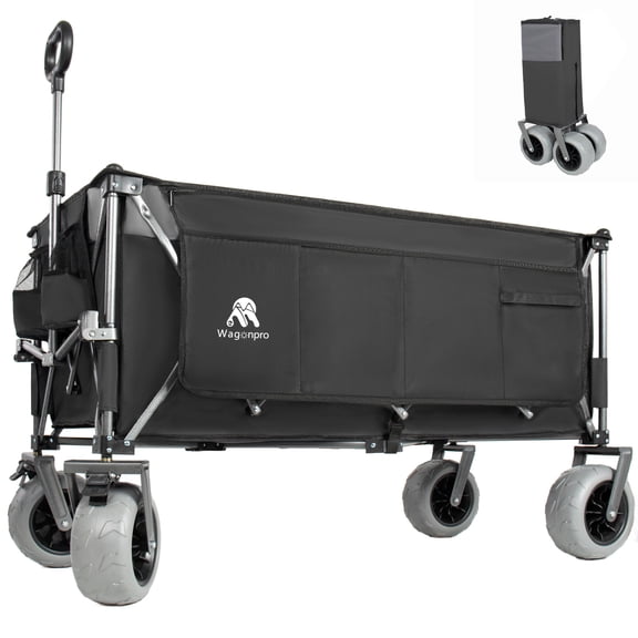 GDF Studio 52" Extended Heavy-Duty Utility Wagon, Heavy Duty Capacity All-Terrain Foldable Beach Cart, Black