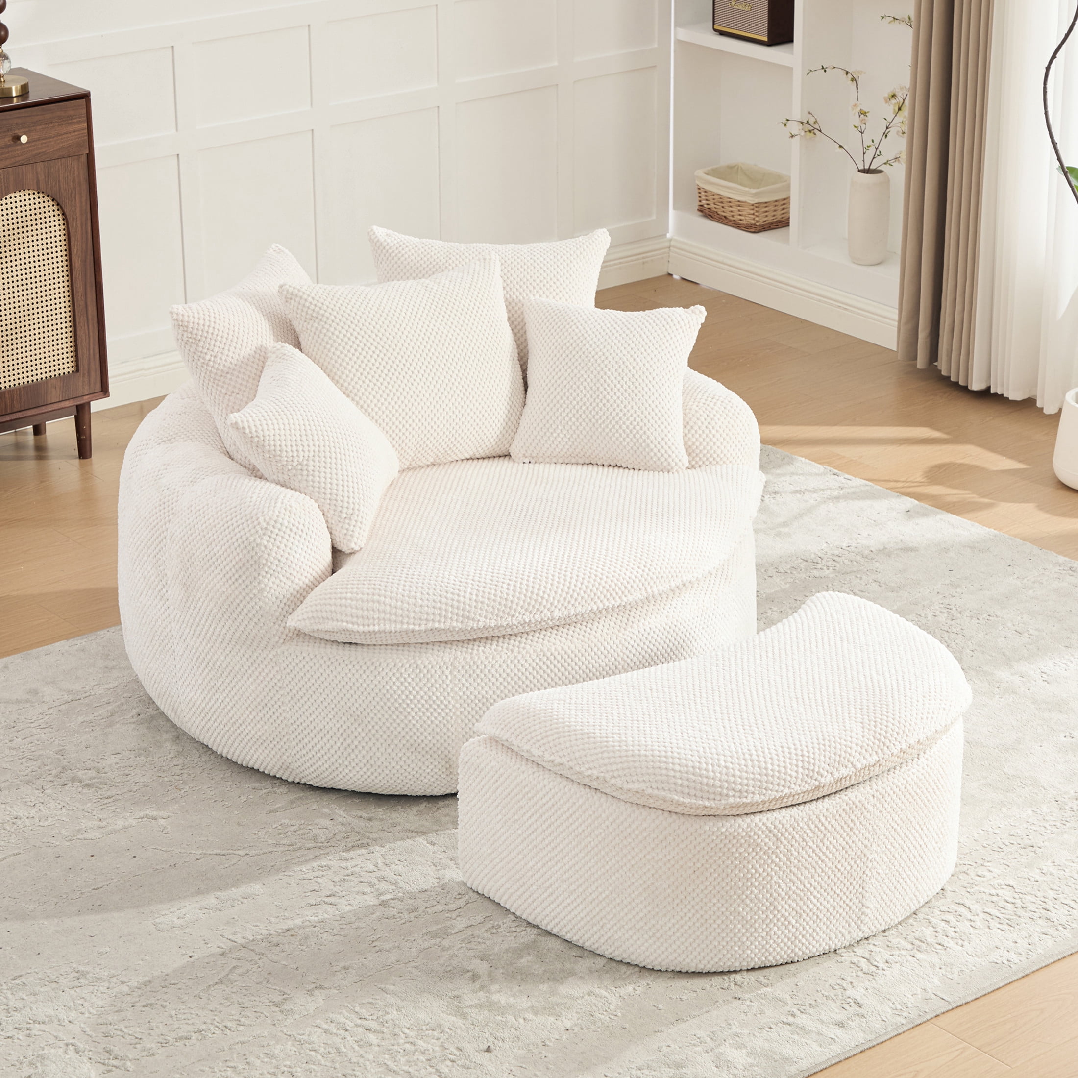 GDF Studio 53.15-Inch Oversized Pumpkin-Shaped Lounge Chair with Footstool Ottoman, Beige
