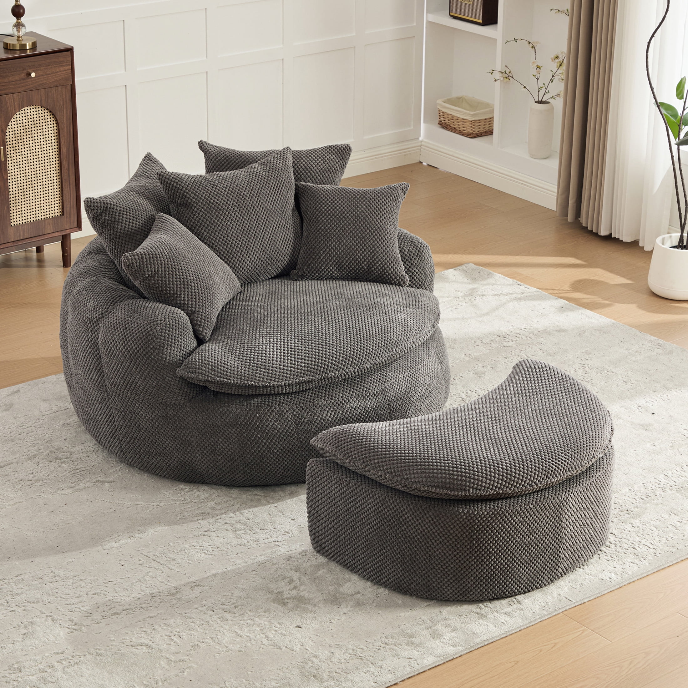 GDF Studio 53.15-Inch Oversized Pumpkin-Shaped Lounge Chair with Footstool Ottoman, Gray