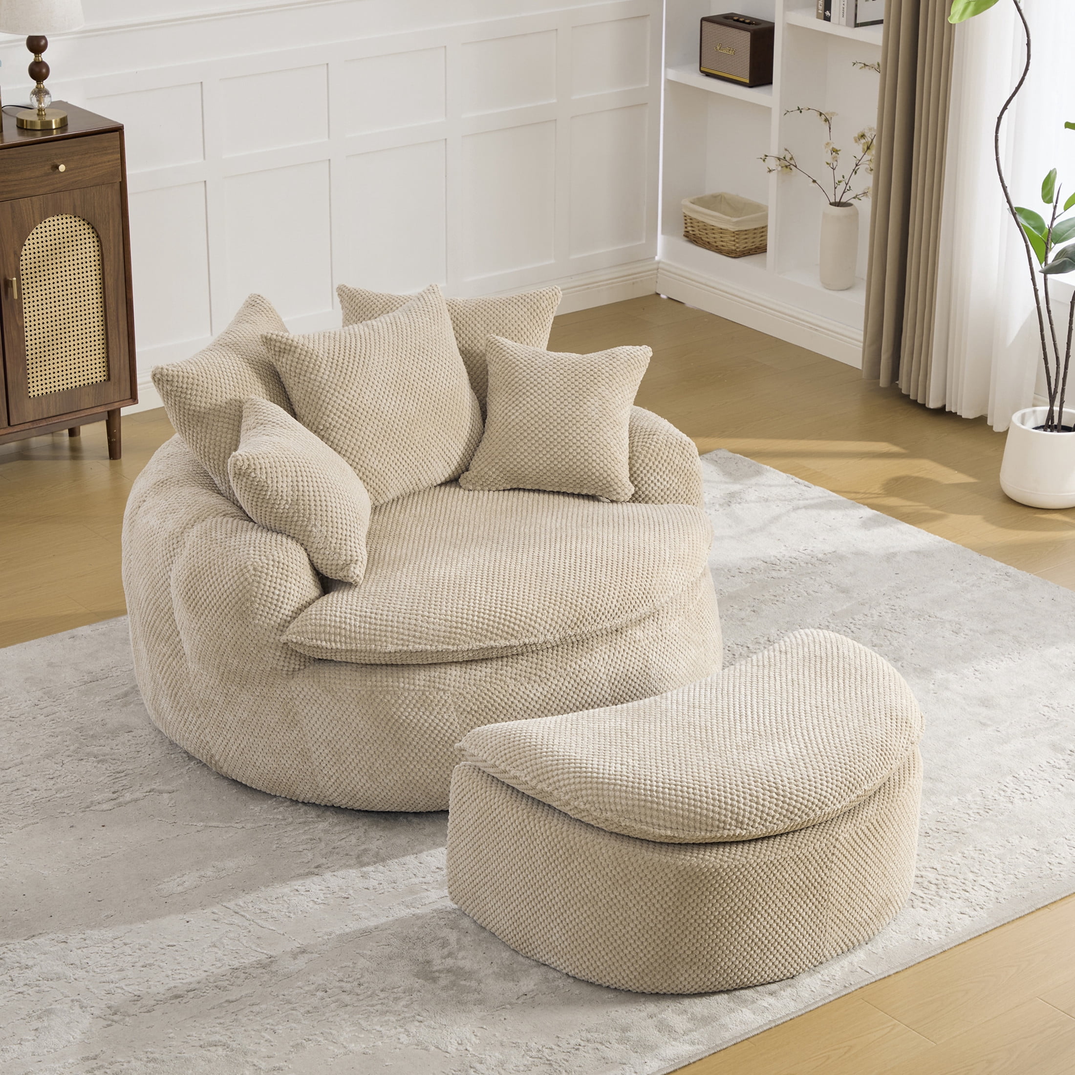 GDF Studio 53.15-Inch Oversized Pumpkin-Shaped Lounge Chair with Footstool Ottoman, Taupe