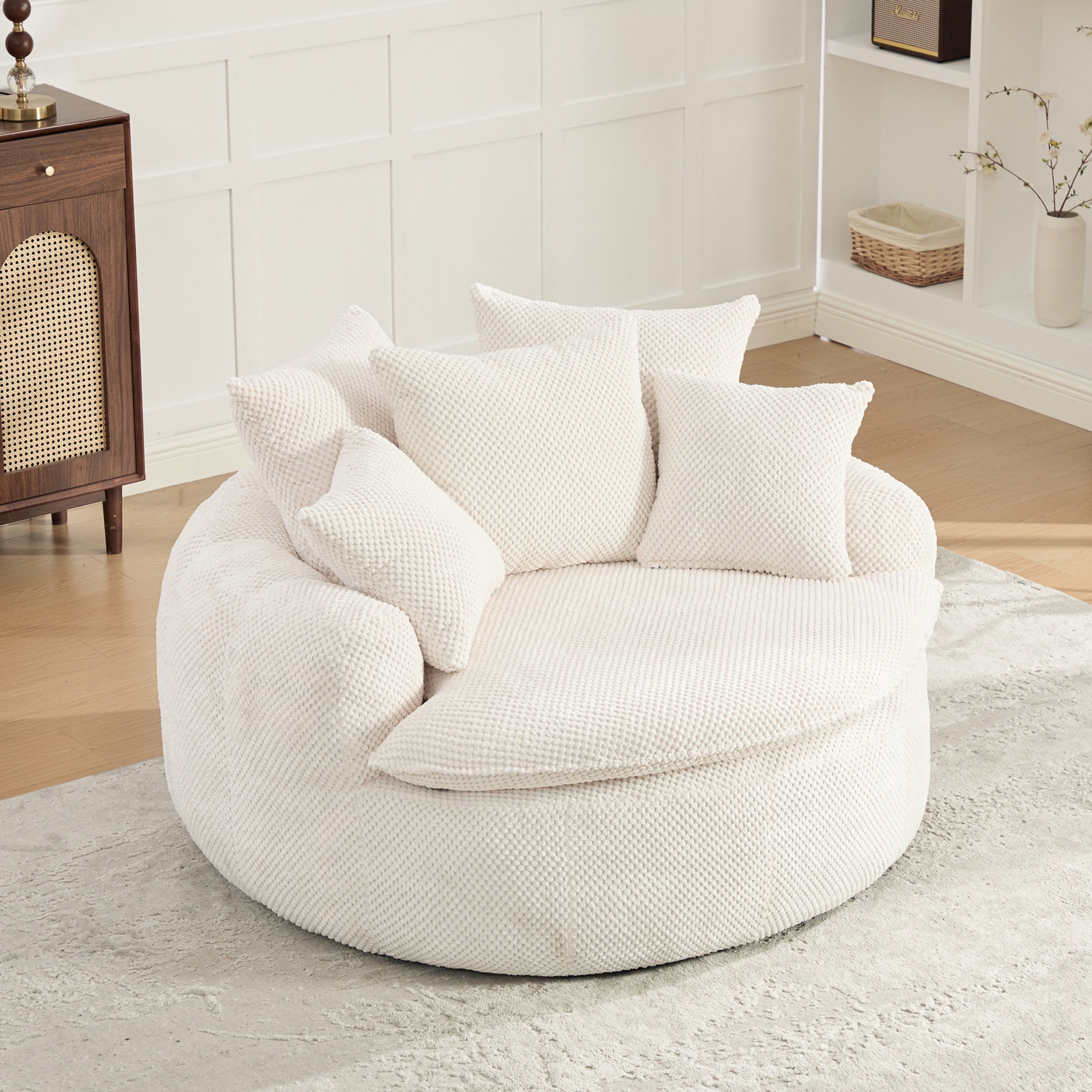 GDF Studio 53.15-Inch Oversized Pumpkin-Shaped Lounge Chair with Pineapple Lattice Fabric, Beige