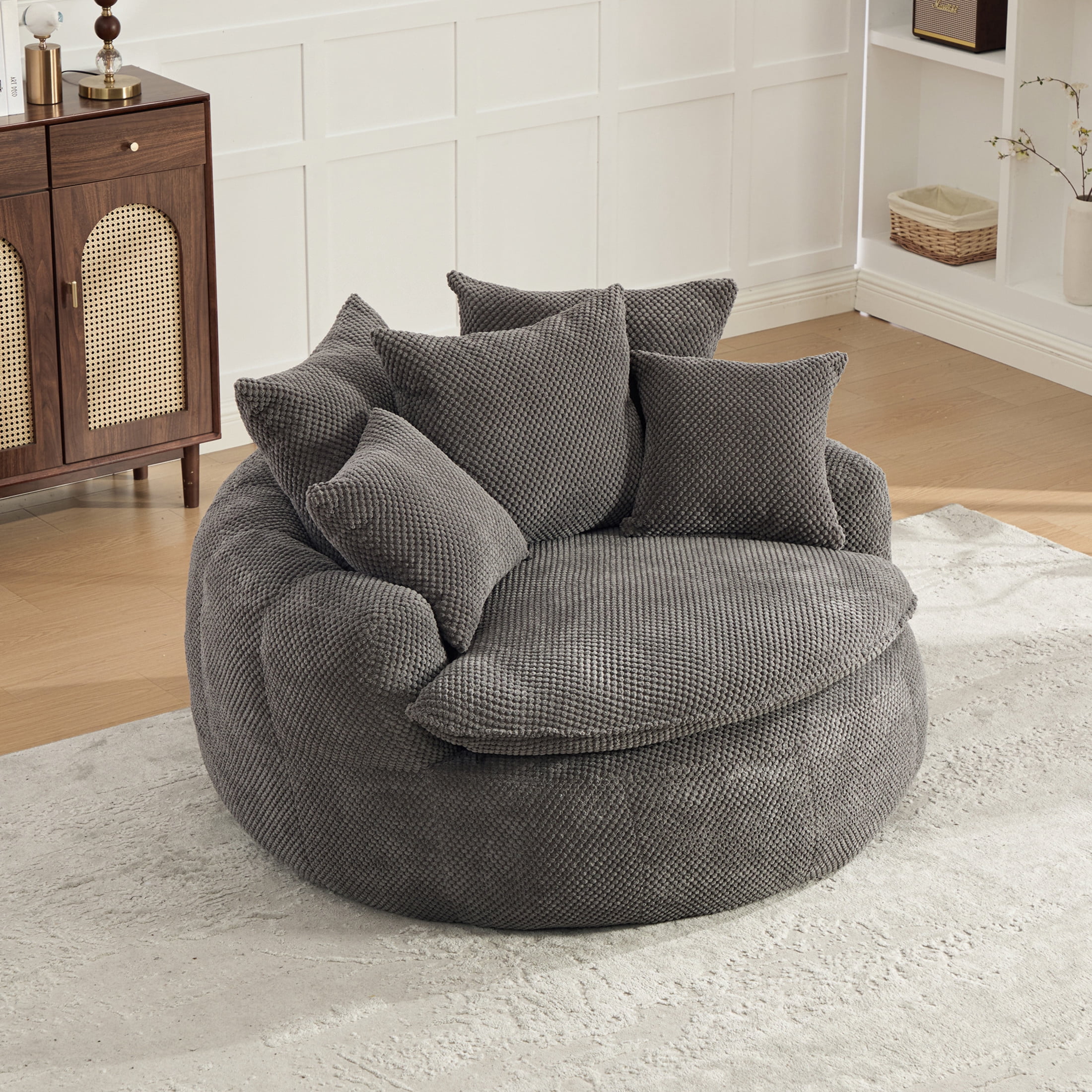 GDF Studio 53.15-Inch Oversized Pumpkin-Shaped Lounge Chair with Pineapple Lattice Fabric, Gray